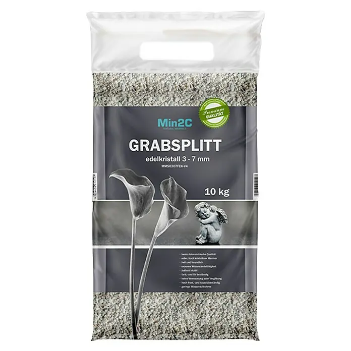 Min2C Grabsplitt - Edelkristall, 3 mm - 7 mm, 10 kg - Bild einer 10 kg Packung Min2C Grabsplitt, edelkristall 3-7 mm, mit stilvollem Design und Premium Qualität.