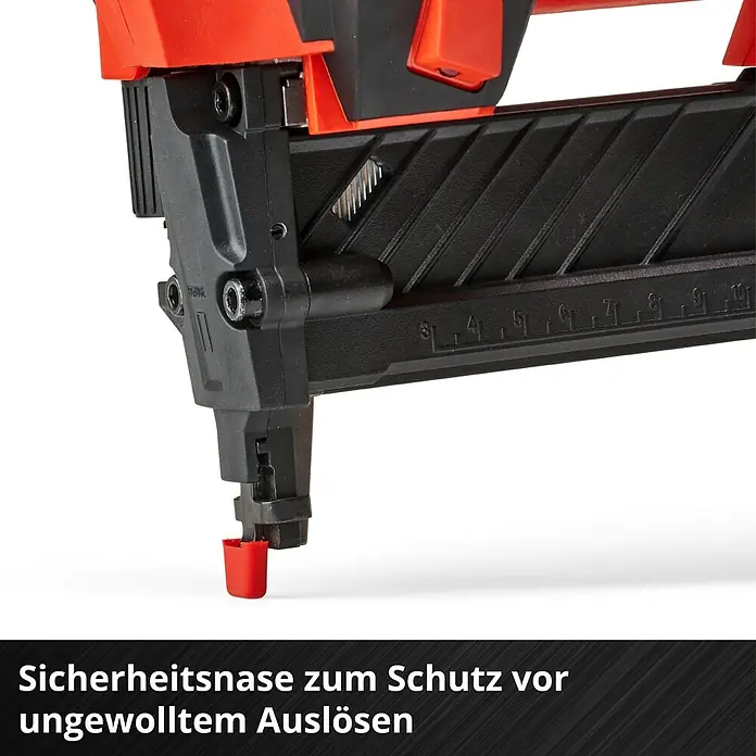 Einhell Professional PXC 18V Akku-Tacker FIXETTO 18/40 S - 18 V, Ohne Akku - Detailaufnahme eines Akku-betriebenen Nagelgeräts. Der Sicherheitsmechanismus verhindert ungewolltes Auslösen.