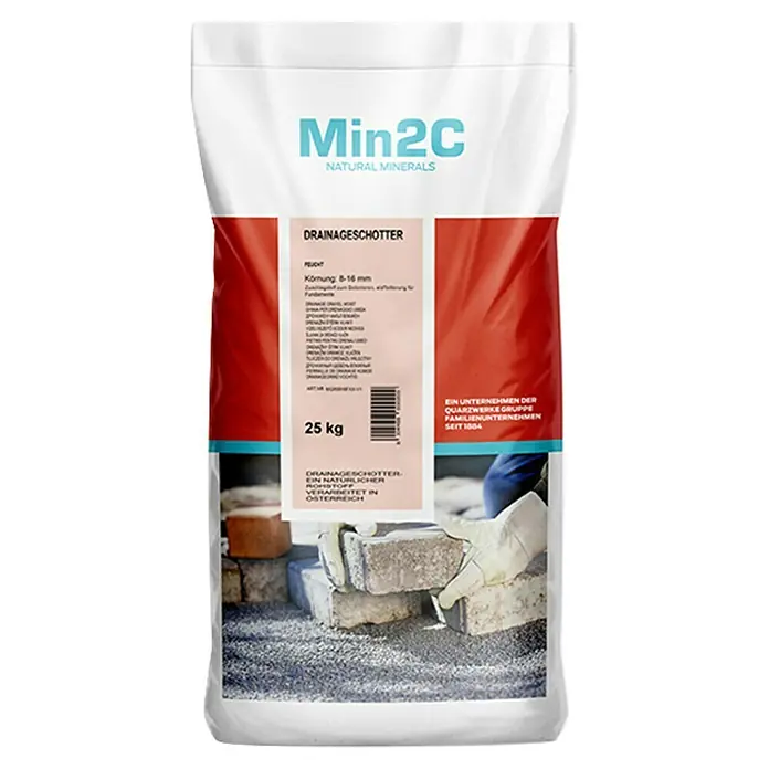 Min2C Drainageschotter - Körnung: 8 mm - 16 mm, 25 kg - Sack Drainage-Schotter von Min2C Natural Minerals mit einer Körnung von 8-16 mm und einem Gewicht von 25 kg.