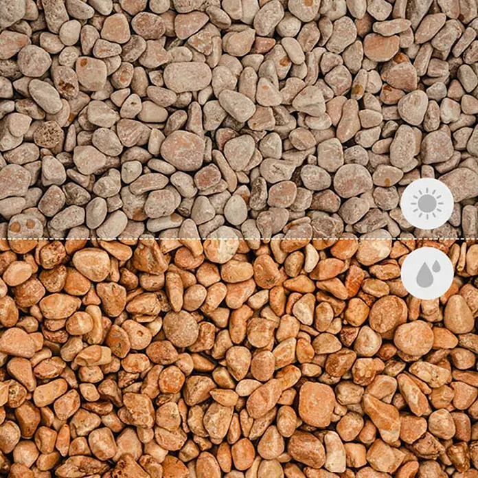 Min2C Marmorkiesel - Veronarot, Körnung: 15 mm - 25 mm, 25 kg - Bild von Zierkieseln, die trocken (oben) und nass (unten) unterschiedliche Farben aufweisen.