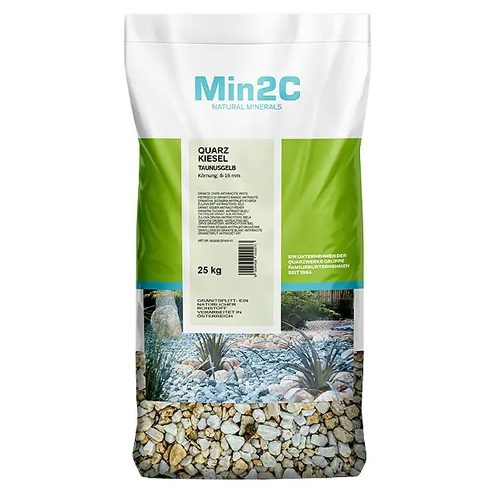 Min2C Quarzkiesel - Taunusgelb, Körnung: 8 mm - 16 mm, 25 kg - Verpackung von Min2C Quarz-Kiesel Taunusgelb Naturmineralien, Körnung 8-16 mm, 25 kg. Ein Produkt für Gartengestaltung und Dekoration.