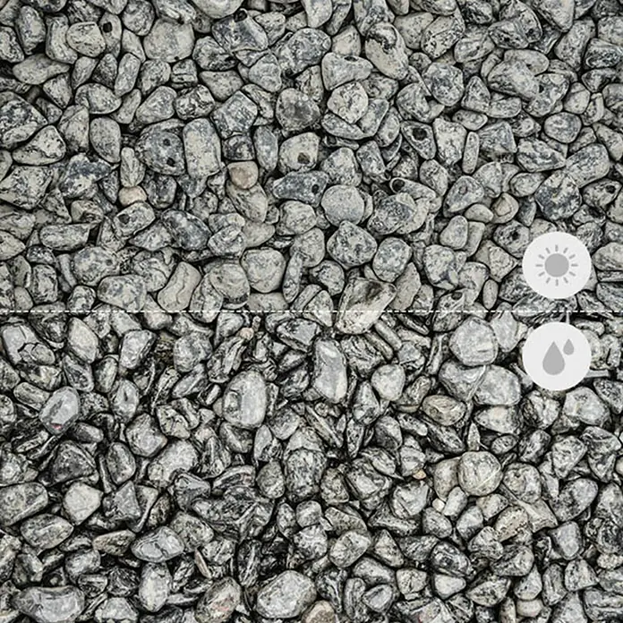 Min2C Marmorkiesel - Schwarz, Körnung: 15 mm - 25 mm, 25 kg - Produktbild: Graue Zierkiesel, die trocken und nass unterschiedlich aussehen, ideal für Gartenwege und dekorative Zwecke.