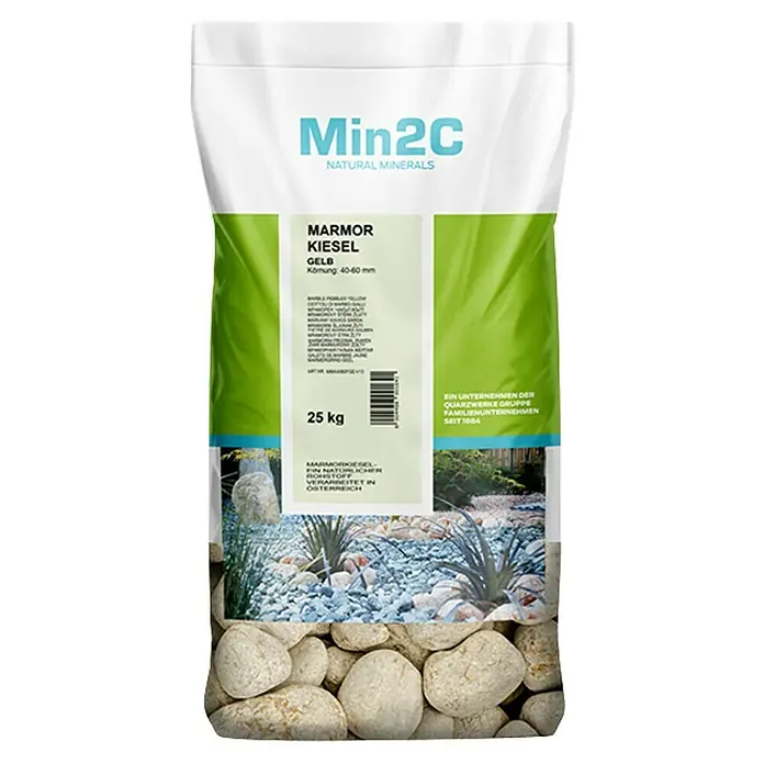Min2C Marmorkiesel - Gelb, Körnung: 40 mm - 60 mm, 25 kg - Sack mit Min2C Marmorkiesel Gelb, ideal für die Gartengestaltung mit gelben Marmorkieseln in der Körnung 40-60 mm.