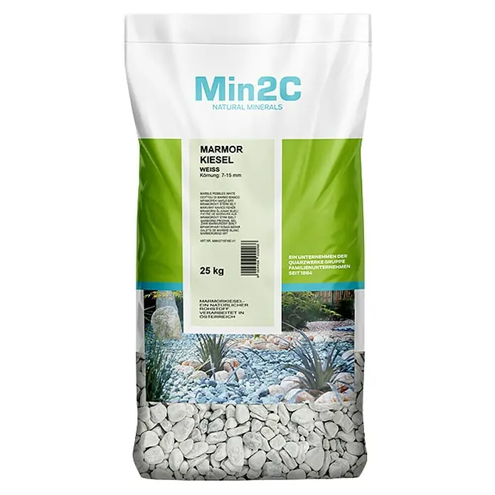 Min2C Marmorkiesel - Weiß, Körnung: 7 mm - 15 mm, 25 kg - Ein Sack Min2C Marmorkiesel Weiss, ideal für die Gestaltung von Gärten und Außenbereichen. Inhalt: 25 kg, Körnung 7-15 mm.