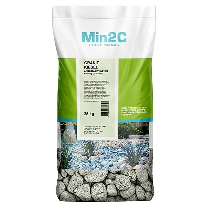 Min2C Granitkiesel - Anthrazit/Weiß, Maße Stein: 25 - 40 mm, Granit - Sack Granitkiesel Anthrazit-Weiss der Marke Min2C Natural Minerals. Ideal zur Gartengestaltung mit natürlichen Mineralien, Körnung: 25-40 mm.