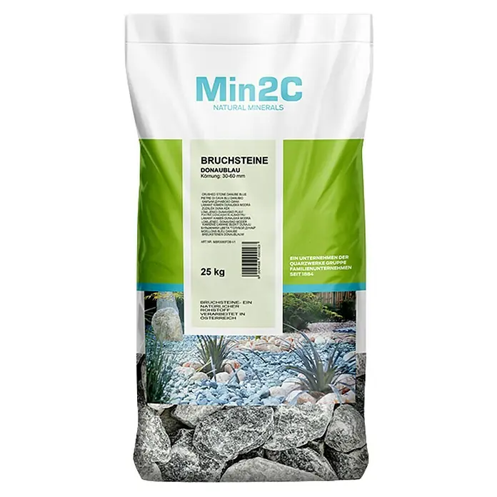 Min2C Bruchsteine - Donaublau, Körnung: 30 mm - 60 mm, 25 kg - Bild einer Packung Min2C Donaukies mit natürlichem Mineralgestein, ideal für die Gartengestaltung und Landschaftsbau.