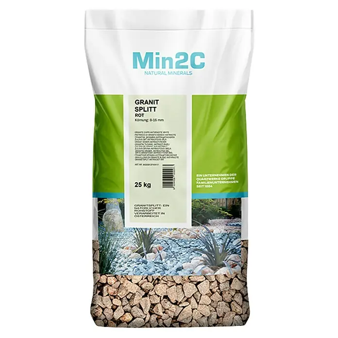 Min2C Granitsplitt - Rot, Körnung: 8 mm - 12 mm, 25 kg - Hier ist ein Sack roter Granitsplitter von Min2C Natural Minerals, Körnung 8-16 mm, 25 kg.