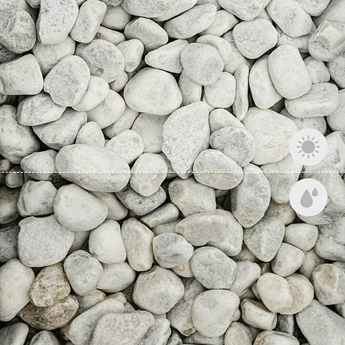 Min2C Marmorkiesel - Weiß, Körnung: 40 mm - 60 mm, 25 kg - Detailaufnahme von weißen Zierkieseln, die eine natürliche und dekorative Oberfläche zeigen. Ideal für Gartenwege oder als Zierelement.
