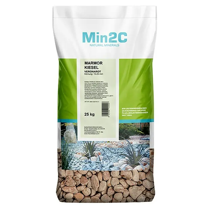 Min2C Marmorkiesel - Veronarot, Körnung: 15 mm - 25 mm, 25 kg - Eine Packung Min2C Marmorkiesel Verona Rot.
