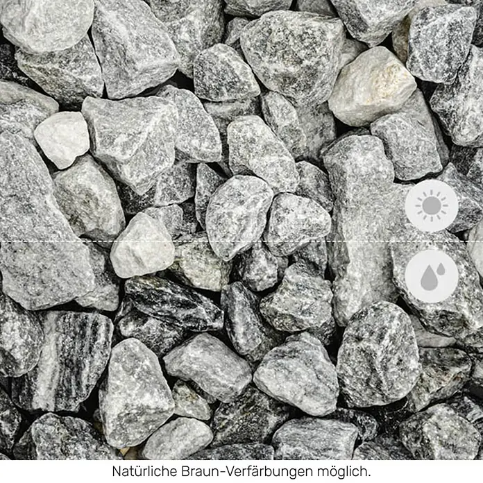 Min2C Bruchsteine - Donaublau, Körnung: 30 mm - 60 mm, 25 kg - Nahaufnahme von gebrochenem Grauwacke-Zierkies. Die Steine sind trocken(oben) und feucht(unten). Natürliche Braun-Verfärbungen sind möglich.