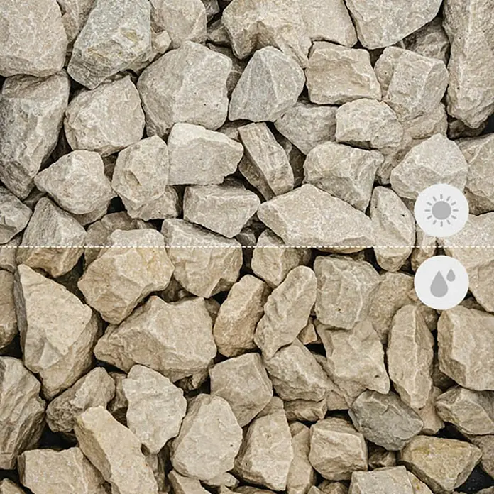 Min2C Bruchsteine - Chateaubeige, Körnung: 30 mm - 60 mm, 25 kg - Ein detailliertes Bild von gebrochenem Kalkstein, der die Farbe und Textur des Produkts bei trockenem und nassem Zustand zeigt.
