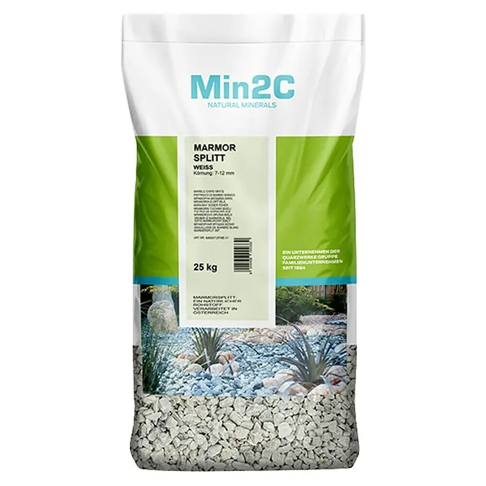 Min2C Marmorsplitt - Weiß, Körnung: 7 mm - 12 mm, 25 kg - Sack mit Min2C Marmorsplitt. Die weissen Steinchen sind ideal für die Gartengestaltung und bieten eine natürliche Optik.