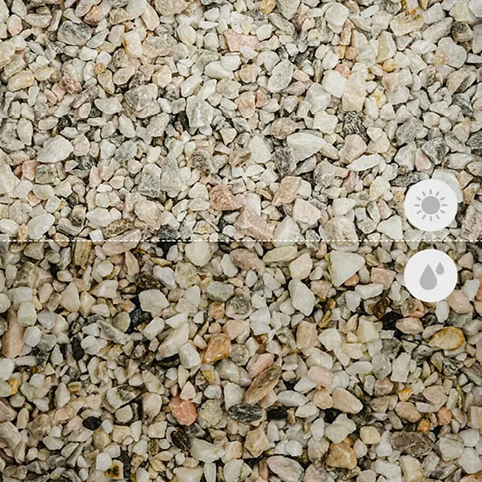 Min2C Marmorsplitt Sölker Rose - Rosé/Weiß, Körnung: 7 mm - 16 mm, 25 kg - Detailaufnahme von Zierkies, der trocken und nass unterschiedlich aussieht, ideal für Garten- und Landschaftsgestaltung.