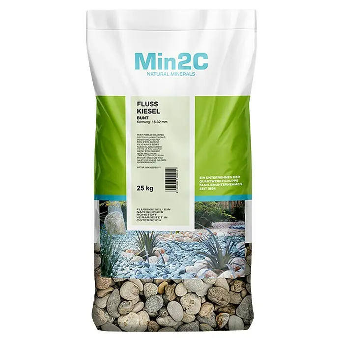 Min2C Flusskiesel - Bunt, Körnung: 16 mm - 32 mm, 25 kg - Bild einer Packung Min2C Flusskiesel, bunte Naturmineralien für den Garten- und Landschaftsbau, 25 kg Sack für dekorative Zwecke.
