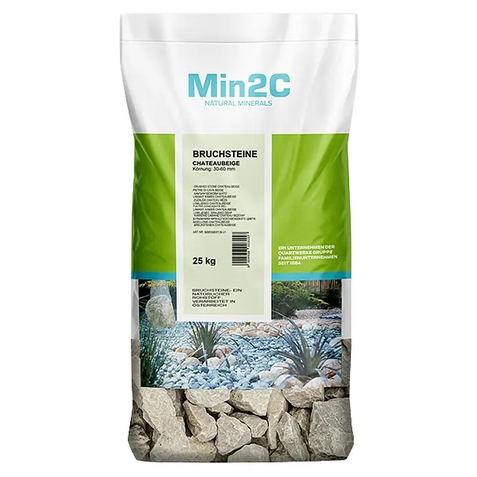 Min2C Bruchsteine - Chateaubeige, Körnung: 30 mm - 60 mm, 25 kg - Sack Bruchsteine Chateaubeige, ein natürlicher Rohstoff, verarbeitet in Österreich. Körnung: 30-60 mm, Gewicht: 25 kg.