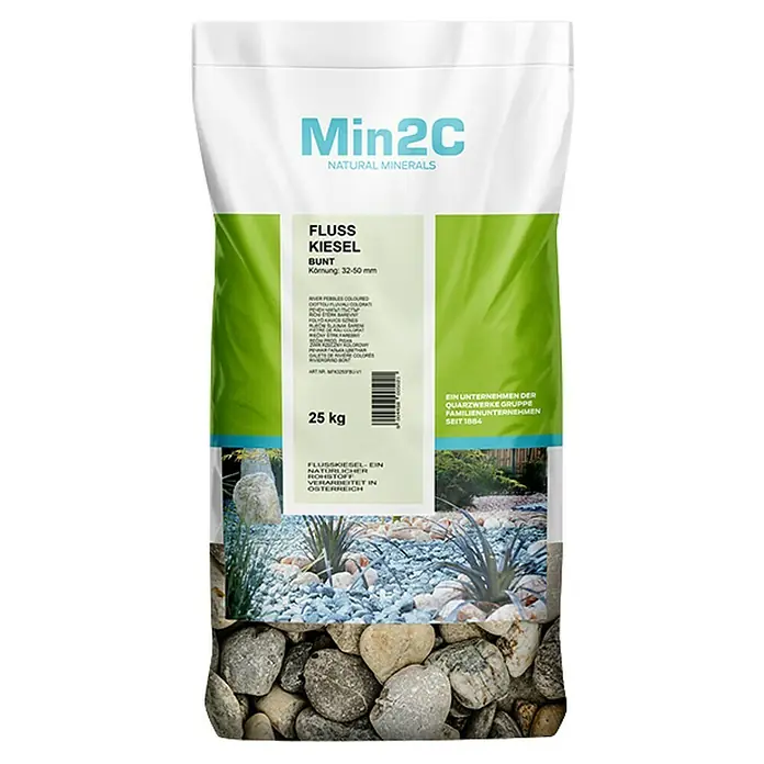Min2C Flusskiesel - Bunt, Körnung: 32 mm - 50 mm, 25 kg - Produktabbildung einer 25 kg Packung Min2C Flusskiesel Bunt, ein Naturprodukt für Gartengestaltung und Dekoration, Körnung 32-50 mm.