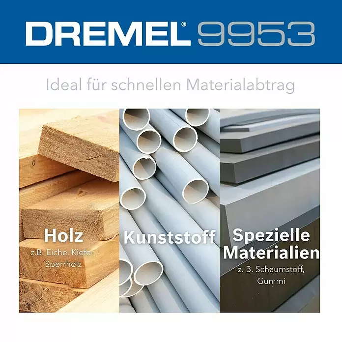 Dremel Raspelfräser MAX Power Carving 9953 - Flammenförmig - Anzeige für Dremel 9953: Ideal für schnellen Materialabtrag von Holz, Kunststoff, Schaumstoff und Gummi.