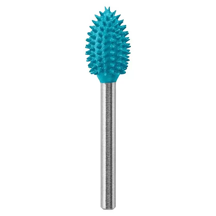 Dremel Raspelfräser MAX Power Carving 9953 - Flammenförmig - Blauer, stacheliger Schleiffräser mit silbernem zylindrischem Schaft.