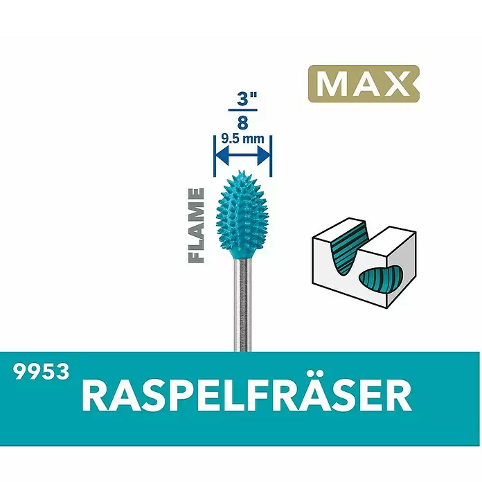 Dremel Raspelfräser MAX Power Carving 9953 - Flammenförmig - Blauer Flammenform-Raspelfräser, 9,5 mm Durchmesser.