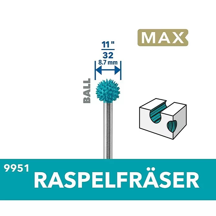 Dremel Fräser MAX Power Carving 9951 - Arbeitsdurchmesser: 9 mm, Max. Drehzahl: 35.000 U/min, 1 Stk. - Türkiser Kugelfräser (Raspelfräser), 8,7 mm Durchmesser, mit stacheliger Oberfläche zum Schnitzen und Formen von Materialien.
