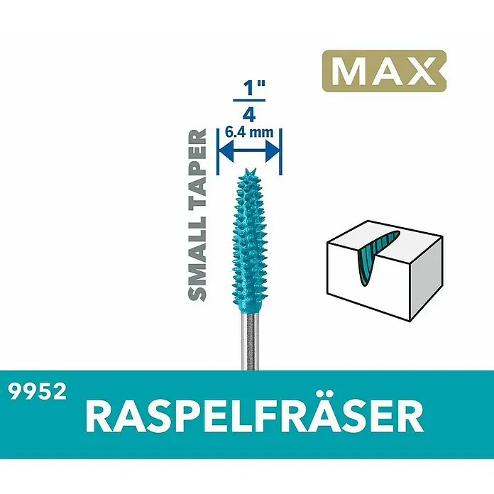Dremel Raspelfräser MAX Power Carving 9952 - Kegelförmig - Produktabbildung eines kleinen kegelförmigen Raspelfräsers, ideal zum Schleifen, Formen und Entfernen von Material.