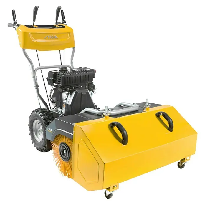 Stiga Kehrmaschine SWS 600 G - 4,4 kW, Arbeitsbreite: 60 cm - Hier ist eine gelbe Kehrmaschine von Stiga, die für verschiedene Oberflächen im Außenbereich geeignet ist.