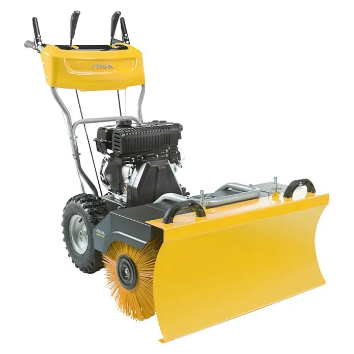 Stiga Kehrmaschine SWS 600 G - 4,4 kW, Arbeitsbreite: 60 cm - Hier ist ein gelber STIGA Kehrmaschine, ein vielseitiges Reinigungsgerät für den Außenbereich, ideal für verschiedene Oberflächen und Jahreszeiten.