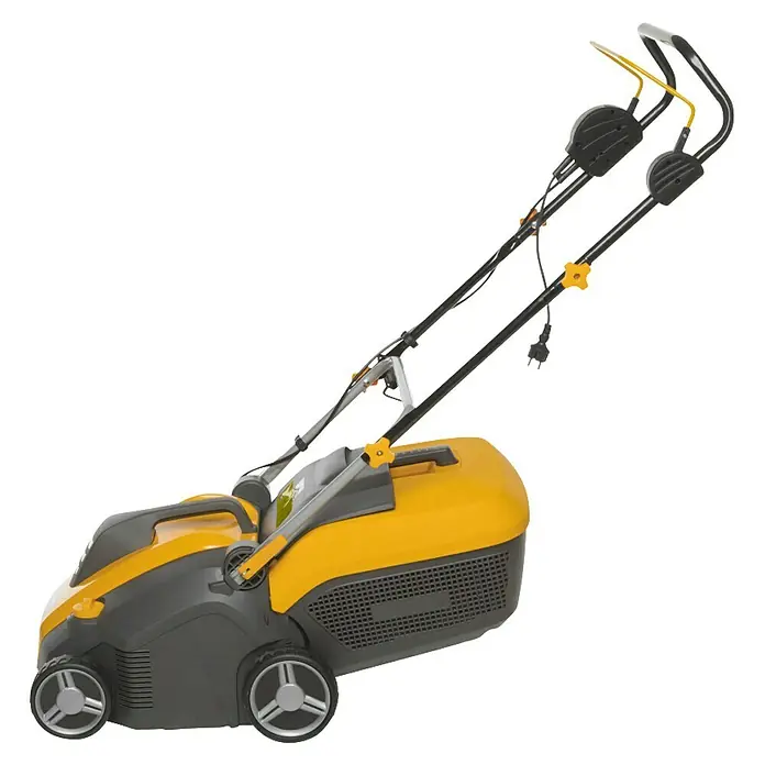 Stiga Elektro-Vertikutierer-Lüfter SV 415 E - 1.500 W, Arbeitsbreite: 38 cm - Abbildung eines gelb-grauen Rasenlüfters mit Fangkorb und verstellbarem Griff für die Gartenpflege.