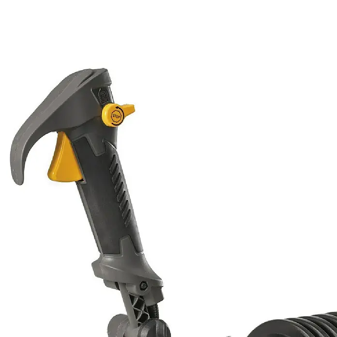 Stiga Benzin-Laubbläser BL 980 R - 3,1 kW, Blasgeschwindigkeit: 360 km/h, Blasleistung: 25 m³/min, 75,6 cm³ - Nahaufnahme einer grauen Gartenschlauchpistole mit gelbem Auslöser und gelbem Stop-Knopf.