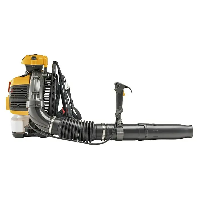 Stiga Benzin-Laubbläser BL 980 R - 3,1 kW, Blasgeschwindigkeit: 360 km/h, Blasleistung: 25 m³/min, 75,6 cm³ - Ein gelber und grauer Laubbläser mit Rückentragegestell, ideal für die Gartenarbeit. Er ist mit einem verstellbaren Griff für Komfort ausgestattet.