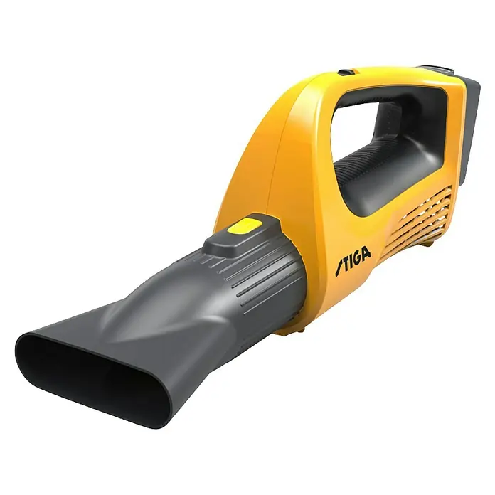 Stiga Akku-Laubbläser BL 100e Set - 20 V, 1 Akku, 4 Ah, Blasgeschwindigkeit: 115 km/h, Blasleistung: 9 m³/min - Gelber STIGA Akku-Laubbläser für den Garten. Das Gerät verfügt über einen ergonomischen Griff und einen schmalen Auslass für präzises Arbeiten.