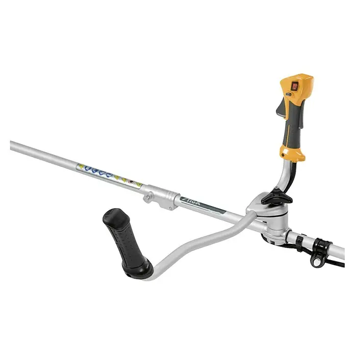 Stiga Benzin-Motorsense BC 330 A - 700 W, Schnittbreite Faden: 43 cm, Schnittbreite Messer: 25,5 cm - Nahaufnahme des Stiga-Trimmers mit silbernem Schaft, schwarzem Griff und gelbem Griff.