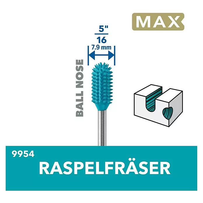 Dremel Fräser MAX Power Carving 9954 - Arbeitsdurchmesser: 7,9 mm, Max. Drehzahl: 35.000 U/min, 1 Stk. - Türkiser Kugelkopf-Raspelfräser, 5/16" (7,9 mm) Durchmesser, zum Fräsen.