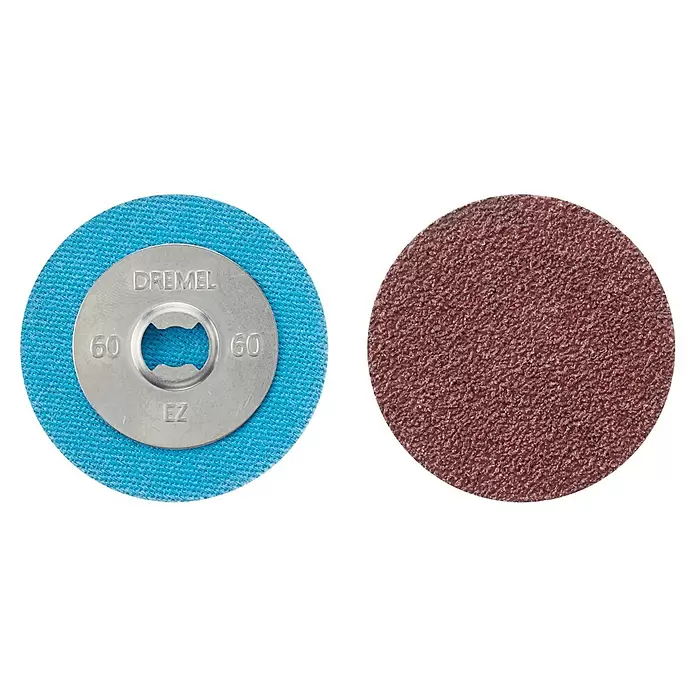 Dremel Schleifscheiben MAX EZ Speedclic SC411DM - Durchmesser: 38 mm, Körnung: 60 mm, 3 Stk. - Zwei Dremel Schleifscheiben: eine blaue mit metallischer EZ SpeedClic Befestigung und eine rötlich-braune Schleifscheibe.