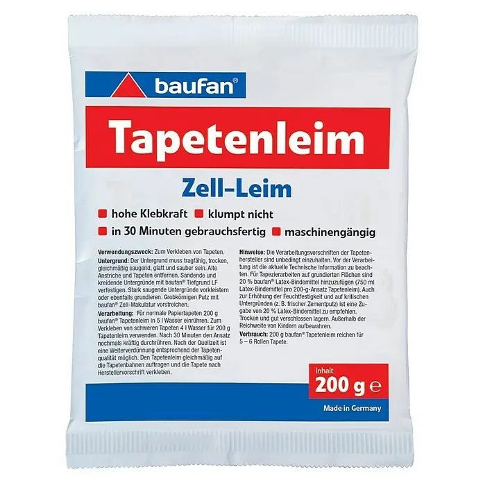 Baufan Tapetenkleister Zell-Leim/Tapetenleim - 200 g - Produktbild: Baufan Tapetenleim Zell-Leim mit hoher Klebkraft, gebrauchsfertig in 30 Minuten und maschinengängig, 200 g Packung.