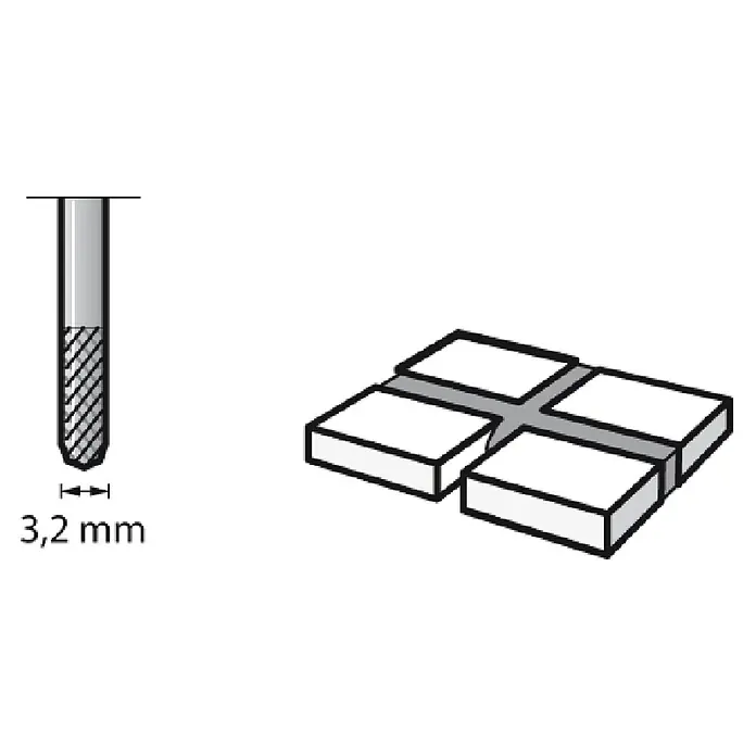Dremel Fugenfräser Mod. 570 - Arbeitsdurchmesser: 3,2 mm, Hartmetall - Darstellung einer 3,2 mm Fräse und einer Nutfräsung auf vier quadratischen Holzstücken.