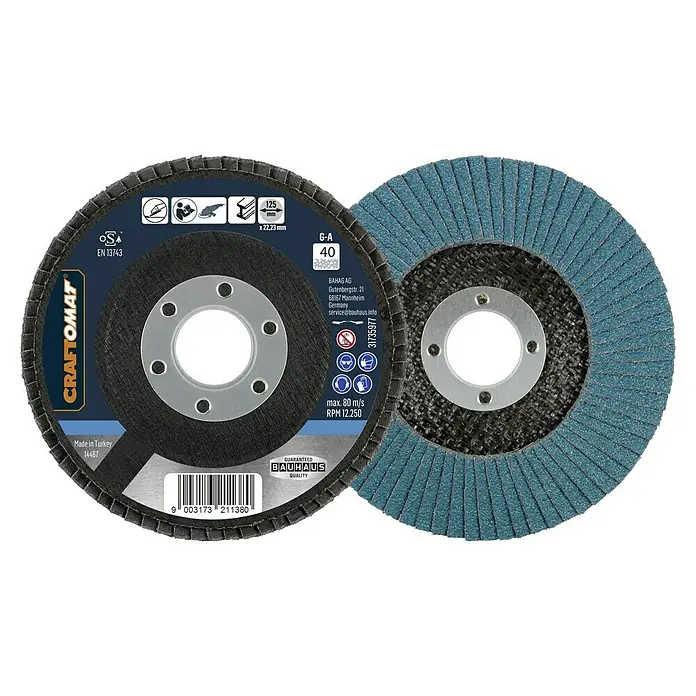 Craftomat Fächerscheibe - Durchmesser: 125 mm, Körnung: 40 - Schleifmopteller von Craftomat mit einer Körnung von 40, Durchmesser 125 mm, ideal zum Schleifen von Metall und anderen Materialien.
