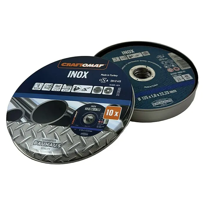 Craftomat Trennscheibe AS60T INOX-BF - Geeignet für: Edelstahl, Durchmesser Scheibe: 125 mm, Stärke Scheibe: 1 mm, 10 Stk. - Zwei Craftomat Inox Trennscheiben-Sets, ideal zum schnellen und sauberen Schneiden von Edelstahl, verpackt in einer robusten Metalldose.