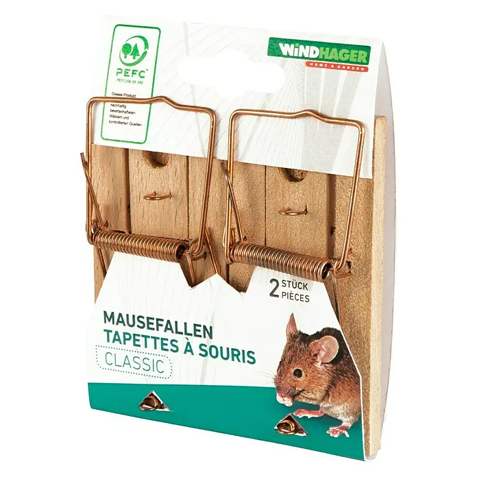 Windhager Mausefalle Classic Wood - Schlagfalle, Holz, 2 Stk. - Eine Packung mit zwei klassischen Mausefallen der Marke Windhager, ideal zur Schädlingsbekämpfung im Haus und Garten.