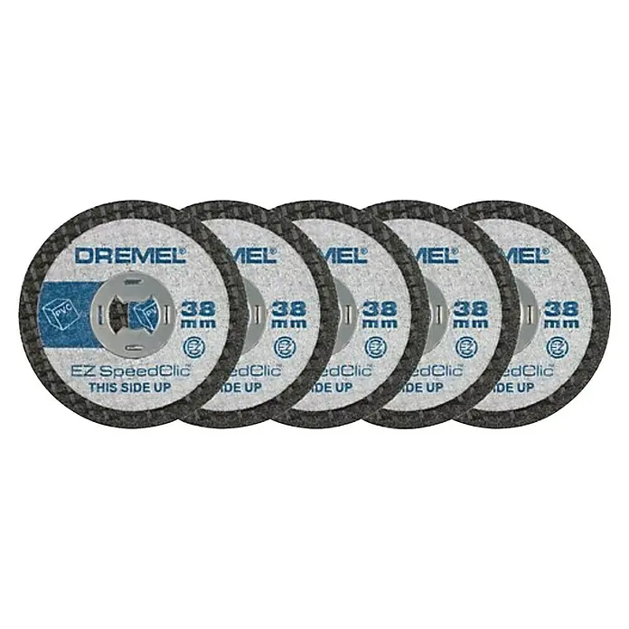 Dremel EZ SpeedClic Trennscheibe SC 476 - 38 mm, 5 Stk. - Das Bild zeigt fünf Dremel EZ SpeedClic Trennscheiben mit 38 mm Durchmesser, die zum Schneiden von PVC-Materialien geeignet sind.