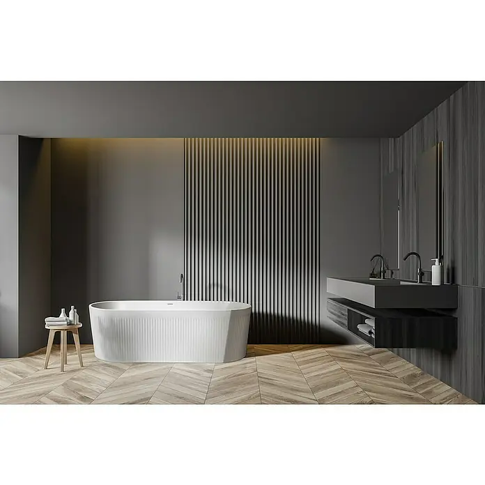 Camargue Bañera independiente Evia - L x An: 70 x 170 cm, Acrílico, Blanco - Elegante baño con bañera exenta. El diseño moderno incluye un lavabo con espejo y suelos de madera.