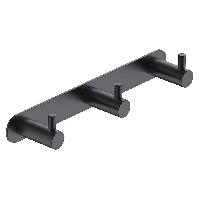 Camargue Carlit Colgador de baño - Número de ganchos: 3 ud., Negro - Un elegante perchero de pared negro con tres ganchos, ideal para baños o pasillos. El diseño moderno ofrece almacenamiento práctico con elegancia sencilla.