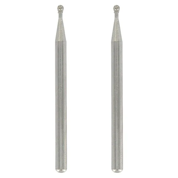 Dremel Diamant-Schleifstifte Mod. 7103 - Durchmesser Kopf: 2 mm, 2 Stk. - Zwei Diamantbohrer mit kugelförmigem Kopf, ideal für präzise Arbeiten an harten Materialien, auf schwarzem Hintergrund.
