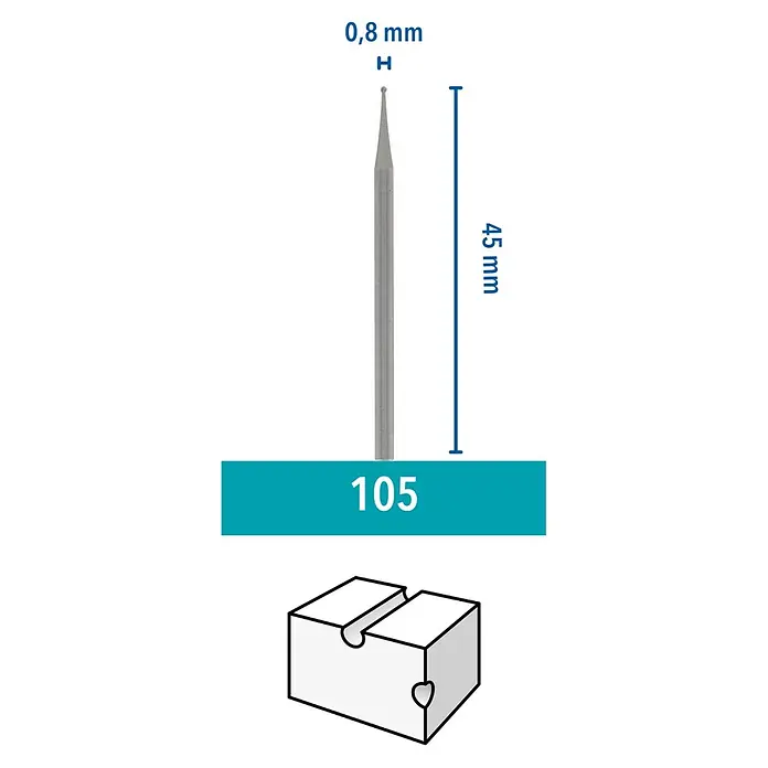 Dremel Graviermesser 105 - Arbeitsdurchmesser: 0,8 mm, 3 Stk. - Bild einer Diamantfräserspitze mit kugelförmigem Kopf und den Maßen 0,8 mm Kopfdurchmesser und 45 mm Länge.