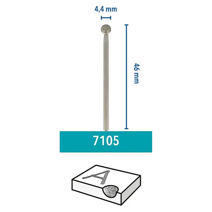 Dremel Diamant-Schleifstifte Mod. 7105 - Durchmesser Kopf: 4,4 mm, 2 Stk. - Abbildung eines Schleifstiftes mit den Massen 4,4 mm Kopfdurchmesser und 46 mm Länge. Er eignet sich zum Schleifen von Gravuren.