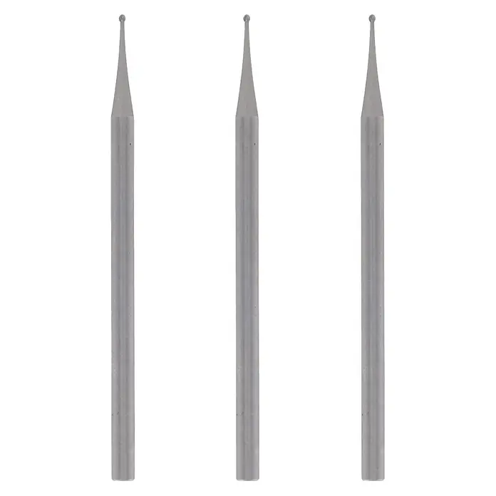 Dremel Graviermesser 105 - Arbeitsdurchmesser: 0,8 mm, 3 Stk. - Drei silberne Diamantbohrer für präzise Arbeiten, ideal für Gravur und Schleifen, auf einem dunklen Hintergrund dargestellt.