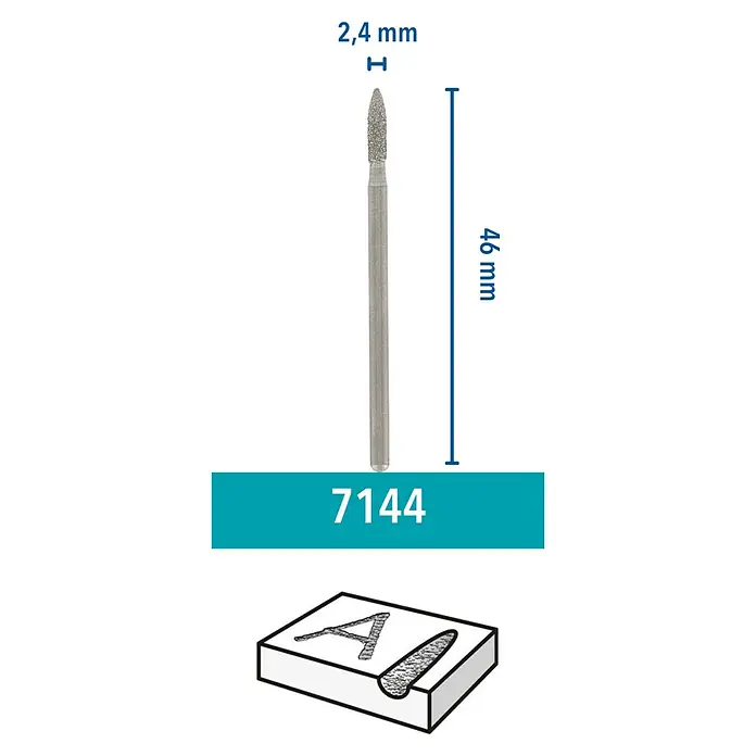 Dremel Diamant-Schleifstifte Mod. 7144 - Durchmesser Kopf: 2,4 mm, 2 Stk. - Das Bild zeigt einen 2,4 mm Diamantfräser mit einer Länge von 46 mm, ideal für präzise Gravuren und Detailarbeiten.