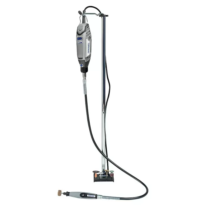 Dremel Soporte para herramientas 2222 - Apto para: Multi-Herramientas - Herramienta rotativa Dremel 3000 gris con eje flexible, colgada de un soporte, y accesorios.