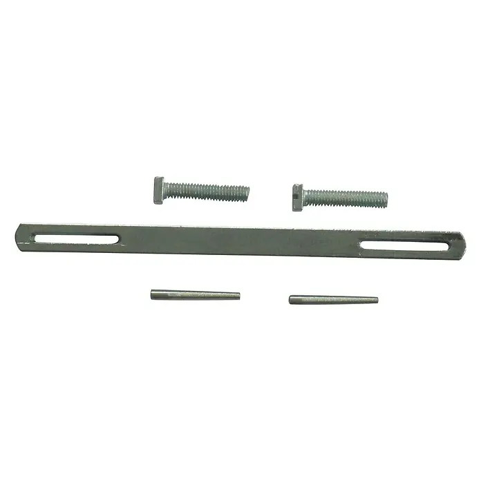 Stabilit Schraubstift - L x B x H: 120 x 8 x 8 mm, Metall - Das Bild zeigt ein Set aus Schrauben, Stiften und einer Metallschiene mit länglichen Löchern, wahrscheinlich ein Montagesatz.