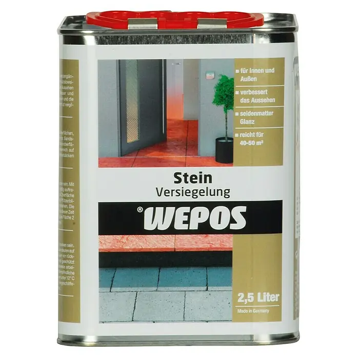 Wepos Versiegelung für Stein - Farblos, Seidenmatt, 2,5 l - Dose Steinversiegelung von Wepos, 2,5 Liter Inhalt, für Innen- und Außenbereiche, verbessert das Aussehen und ist seidenmatt glänzend.
